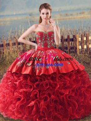 Coral Red Fabric With Rolling Flowers Lace Up Sweetheart Sleeveless Quinceanera Gown Brush Train Embroidery and Ruffles