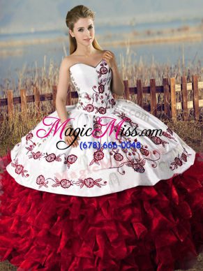 Flirting Floor Length Lace Up Quinceanera Dress Red for Sweet 16 and Quinceanera with Embroidery and Ruffles