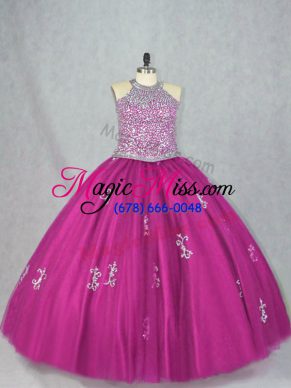 Fuchsia Tulle Lace Up Halter Top Sleeveless Floor Length 15 Quinceanera Dress Beading and Appliques