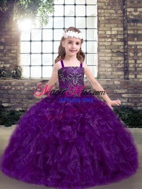 Organza Straps Sleeveless Lace Up Beading and Ruffles Kids Formal Wear in Eggplant Purple