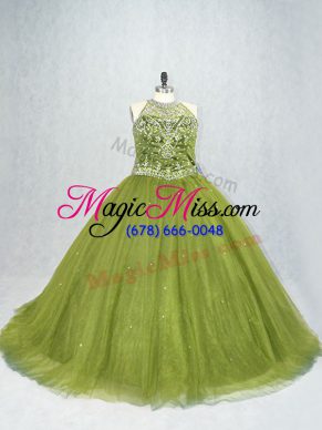 Olive Green Ball Gowns Beading 15 Quinceanera Dress Lace Up Tulle Sleeveless