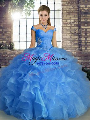 Suitable Blue Sleeveless Floor Length Beading and Ruffles Lace Up Sweet 16 Dresses