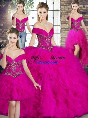 Wonderful Fuchsia Sleeveless Beading and Ruffles Floor Length Quinceanera Dress