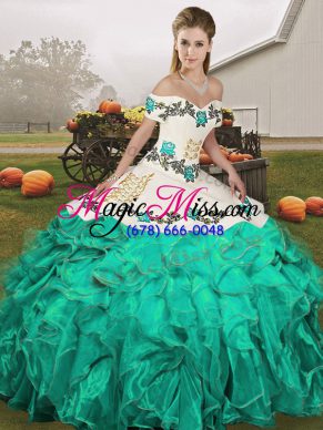 Turquoise Off The Shoulder Neckline Embroidery and Ruffles Ball Gown Prom Dress Sleeveless Lace Up