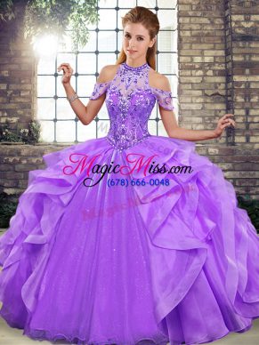 Luxury Lavender Ball Gowns Organza Halter Top Sleeveless Beading and Ruffles Floor Length Lace Up Vestidos de Quinceanera