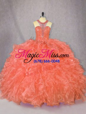 Scoop Sleeveless Organza Ball Gown Prom Dress Beading and Ruffles Zipper