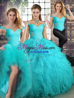 Hot Selling Tulle Off The Shoulder Sleeveless Lace Up Beading and Ruffles Quinceanera Dresses in Aqua Blue