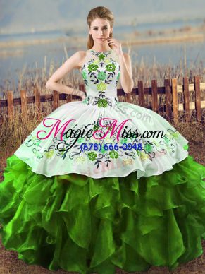 Green Lace Up Quinceanera Dress Embroidery and Ruffles Sleeveless Floor Length