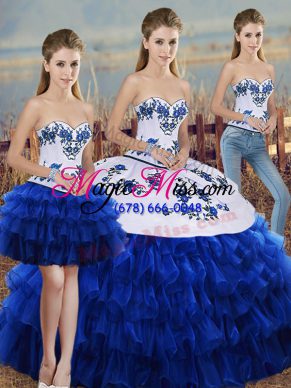 High Class Organza Sweetheart Sleeveless Lace Up Embroidery and Ruffled Layers and Bowknot Sweet 16 Quinceanera Dress in Royal Blue