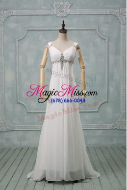 Suitable Straps Sleeveless Brush Train Lace Up Wedding Dress White Chiffon