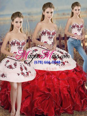 Noble White And Red Three Pieces Sweetheart Sleeveless Organza Floor Length Lace Up Embroidery and Ruffles and Bowknot Quinceanera Dress