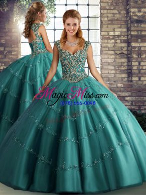 Sleeveless Lace Up Floor Length Beading and Appliques Ball Gown Prom Dress