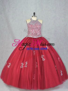 Tulle Sleeveless Floor Length 15 Quinceanera Dress and Beading and Appliques