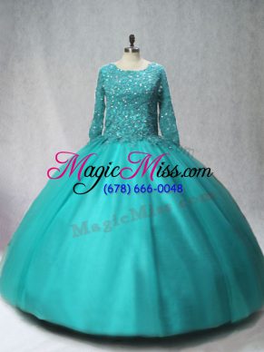 Scoop Long Sleeves Lace Up Quinceanera Dresses Turquoise Tulle