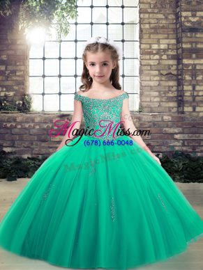 Floor Length Turquoise Little Girl Pageant Dress Off The Shoulder Sleeveless Lace Up