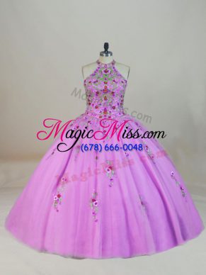 Elegant Lilac Tulle Lace Up Halter Top Sleeveless Quinceanera Dresses Brush Train Appliques and Embroidery