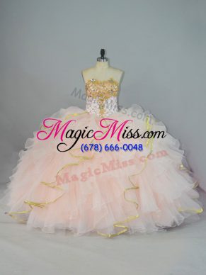 Simple Peach Organza Lace Up Quinceanera Gown Sleeveless Floor Length Beading and Ruffles
