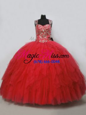 Spectacular Floor Length Ball Gowns Sleeveless Red Sweet 16 Dress Lace Up