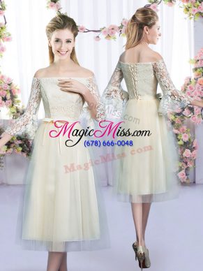 Captivating Champagne 3 4 Length Sleeve Tulle Lace Up Dama Dress for Wedding Party