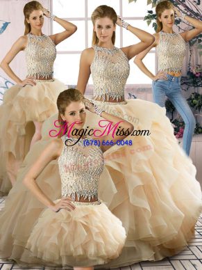 Champagne Sleeveless Floor Length Beading and Ruffles Zipper Vestidos de Quinceanera