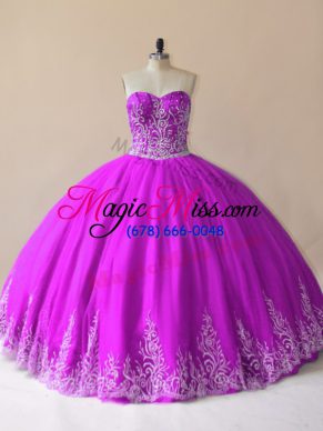 Purple Tulle Lace Up Sweetheart Sleeveless Floor Length Quinceanera Gowns Embroidery