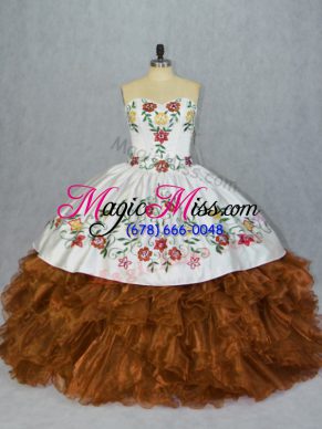 Customized Brown Lace Up Quince Ball Gowns Embroidery and Ruffles Sleeveless Floor Length