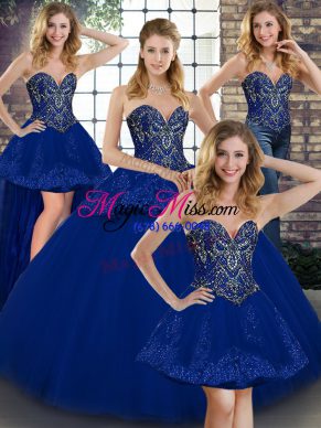 Sweet Sleeveless Tulle Floor Length Lace Up Quinceanera Gown in Royal Blue with Beading and Appliques