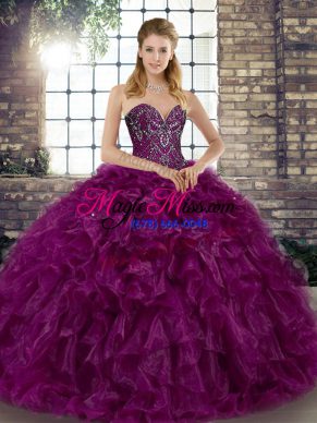 Purple Sweetheart Lace Up Beading and Ruffles Quinceanera Gown Sleeveless