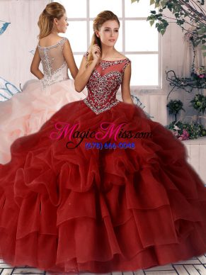 Organza Scoop Sleeveless Brush Train Zipper Beading and Pick Ups Quince Ball Gowns in Wine Red