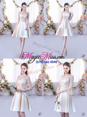 Smart Champagne A-line Satin Scoop Sleeveless Lace and Belt Mini Length Lace Up Damas Dress