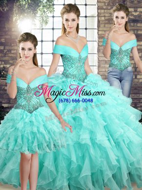 Dramatic Aqua Blue Organza Lace Up Off The Shoulder Sleeveless Quinceanera Gowns Brush Train Beading and Ruffles