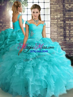 Sophisticated Aqua Blue Off The Shoulder Lace Up Beading and Ruffles and Pick Ups 15th Birthday Dress Sleeveless