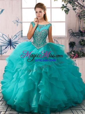 Suitable Aqua Blue Sleeveless Beading and Ruffles Floor Length Quinceanera Gowns