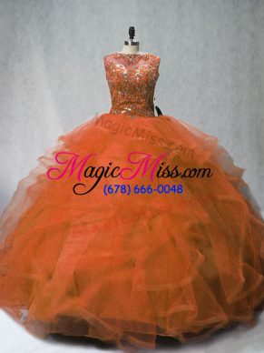 Sumptuous Rust Red Lace Up Beading and Ruffles Quince Ball Gowns Brush Train Sleeveless