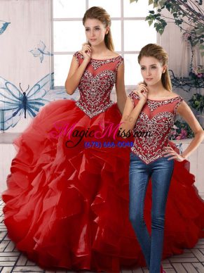 Hot Selling Red Organza Zipper Sweet 16 Quinceanera Dress Sleeveless Floor Length Beading and Ruffles