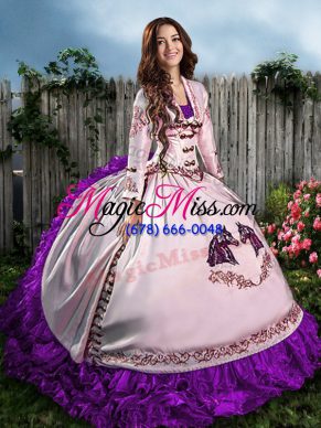 Satin Sweetheart Sleeveless Lace Up Embroidery and Ruffles Sweet 16 Dresses in Purple