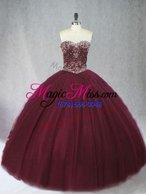 Tulle Sweetheart Sleeveless Lace Up Beading 15th Birthday Dress in Burgundy