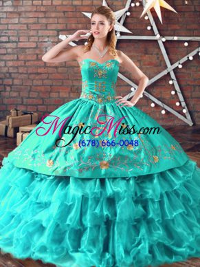 Fashion Aqua Blue Organza Lace Up Sweet 16 Dress Sleeveless Embroidery and Ruffled Layers