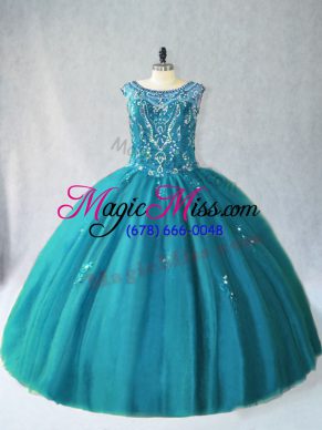 Super Teal Sleeveless Floor Length Beading Lace Up Sweet 16 Dresses