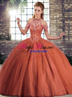 Halter Top Sleeveless Brush Train Lace Up Quince Ball Gowns Rust Red Tulle