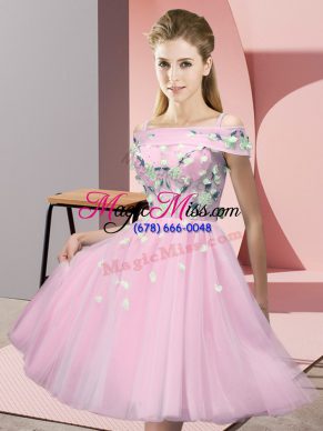 Baby Pink Tulle Lace Up Wedding Party Dress Short Sleeves Knee Length Appliques