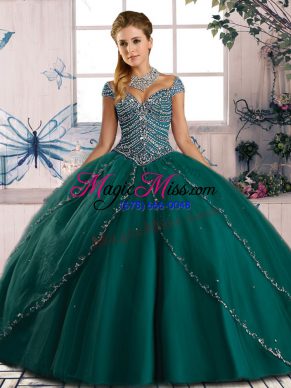 Exceptional Sweetheart Cap Sleeves Tulle Ball Gown Prom Dress Beading Brush Train Lace Up