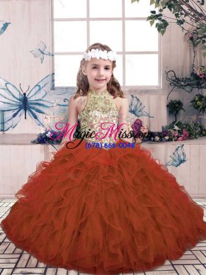 Floor Length Rust Red Little Girls Pageant Dress High-neck Sleeveless Lace Up