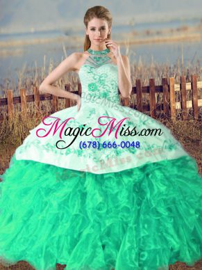 Lace Up Ball Gown Prom Dress Turquoise for Sweet 16 and Quinceanera with Embroidery and Ruffles Court Train