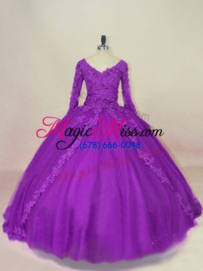 Purple V-neck Lace Up Appliques Sweet 16 Quinceanera Dress Long Sleeves