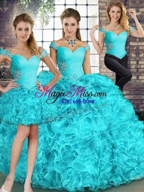 Affordable Aqua Blue Off The Shoulder Lace Up Beading and Ruffles Quinceanera Gown Sleeveless