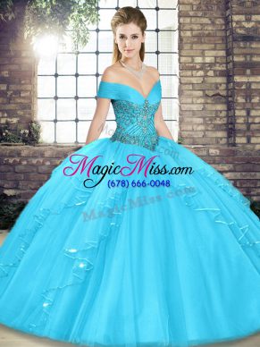 Modern Tulle Off The Shoulder Sleeveless Lace Up Beading and Ruffles Quinceanera Dresses in Aqua Blue