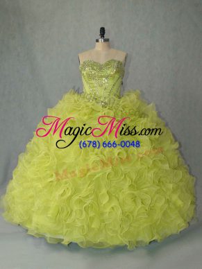 Yellow Green Lace Up 15th Birthday Dress Beading and Ruffles Sleeveless Brush Train