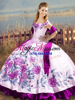 Romantic Satin and Organza Off The Shoulder Sleeveless Lace Up Embroidery Sweet 16 Quinceanera Dress in Purple