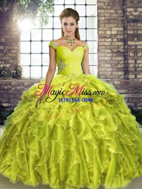 Extravagant Yellow Green Ball Gowns Off The Shoulder Sleeveless Organza Brush Train Lace Up Beading and Ruffles Quince Ball Gowns